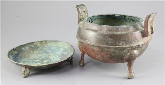 A Chinese bronze ritual food vessel and cover, ding, probably Warring States period, width 21cm height 15cm